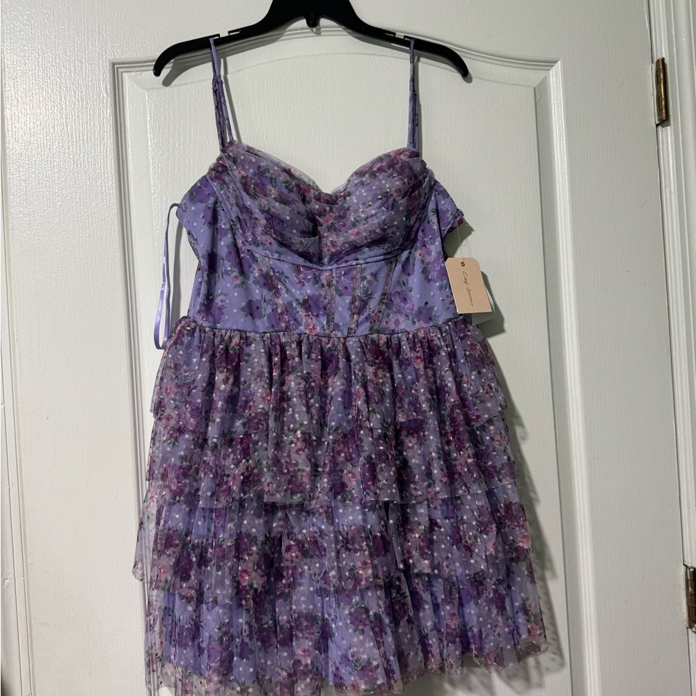 City Studio Lavender Floral Tiered Dress with Pink Accents